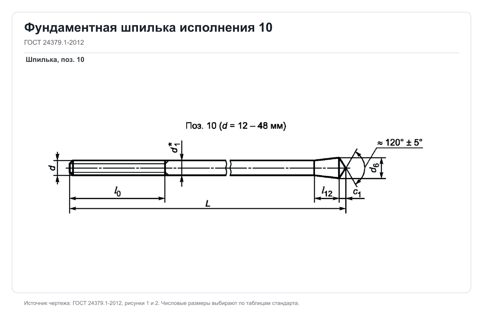 Технический чертеж фундаментной шпильки исполнения 10 по ГОСТ 24379.1-2012