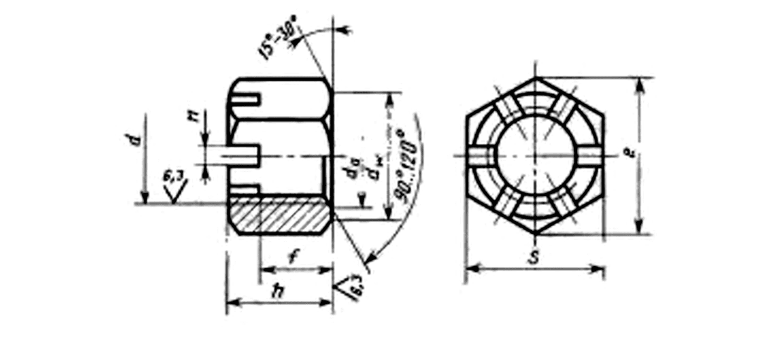 Чертёж прорезной гайки ГОСТ 5918-73 / DIN 935, исполнение 1