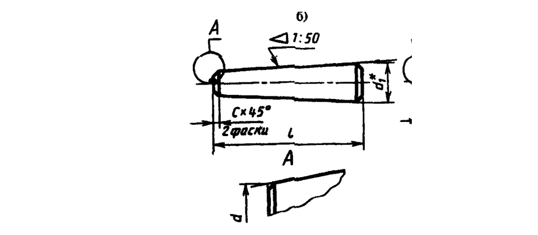 Чертёж конического штифта ГОСТ 3129-70 / DIN 1, исполнение 2 (фаски 45°)