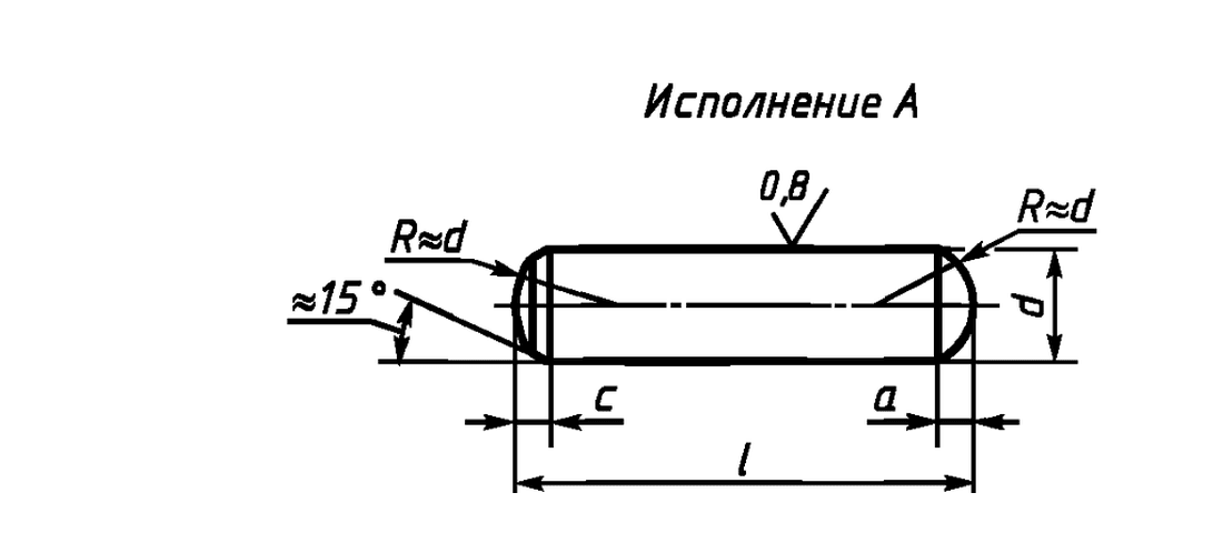 Чертёж закалённого цилиндрического штифта ГОСТ 24296-93 / DIN 6325, исполнение А