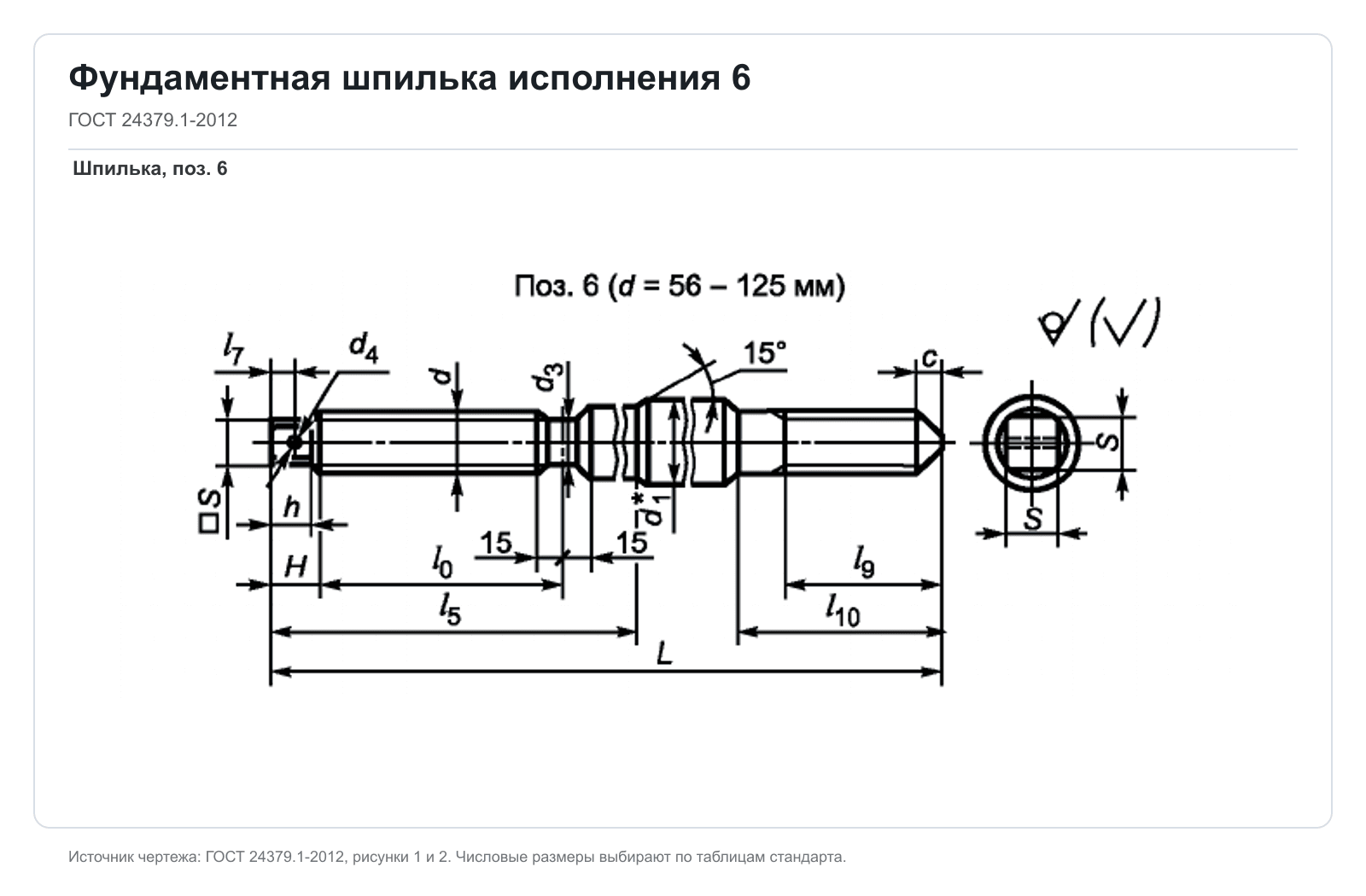 Технический чертеж фундаментной шпильки исполнения 6 по ГОСТ 24379.1-2012